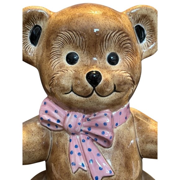 Vintage Ceramic Brown Teddy Bear Bank / Decoration Pink Bow 11" - Picture 2 of 9